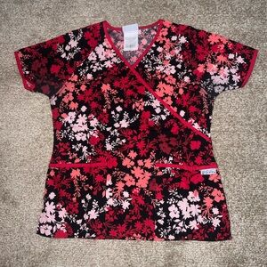 Uniform Advantage Black Red Pink Floral Wrap Scrub Top size XS